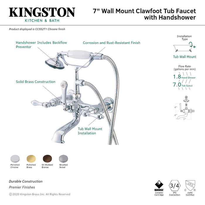 Vintage CC551T5 Three-Handle 2-Hole Tub Wall Mount Clawfoot Tub Faucet with Hand Shower, Oil Rubbed Bronze