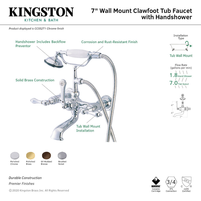 Kingston Heirloom CC551T8 - Vintage Three-Handle 2-Hole Tub Wall Mount Clawfoot Tub Faucet with Hand Shower, Brushed Nickel