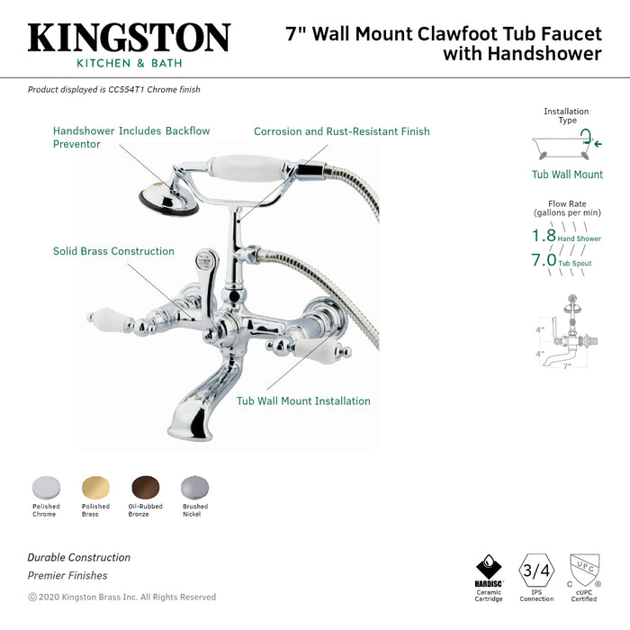 Vintage CC553T2 Three-Handle 2-Hole Tub Wall Mount Clawfoot Tub Faucet with Hand Shower, Polished Brass