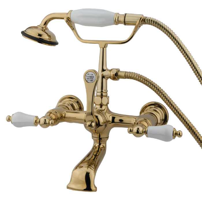 Kingston Heirloom CC553T2 - Vintage Three-Handle 2-Hole Tub Wall Mount Clawfoot Tub Faucet with Hand Shower, Polished Brass