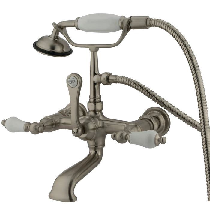 Kingston Heirloom CC553T8 - Vintage Three-Handle 2-Hole Tub Wall Mount Clawfoot Tub Faucet with Hand Shower, Brushed Nickel