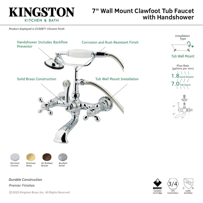 Vintage CC557T2 Three-Handle 2-Hole Tub Wall Mount Clawfoot Tub Faucet with Hand Shower, Polished Brass