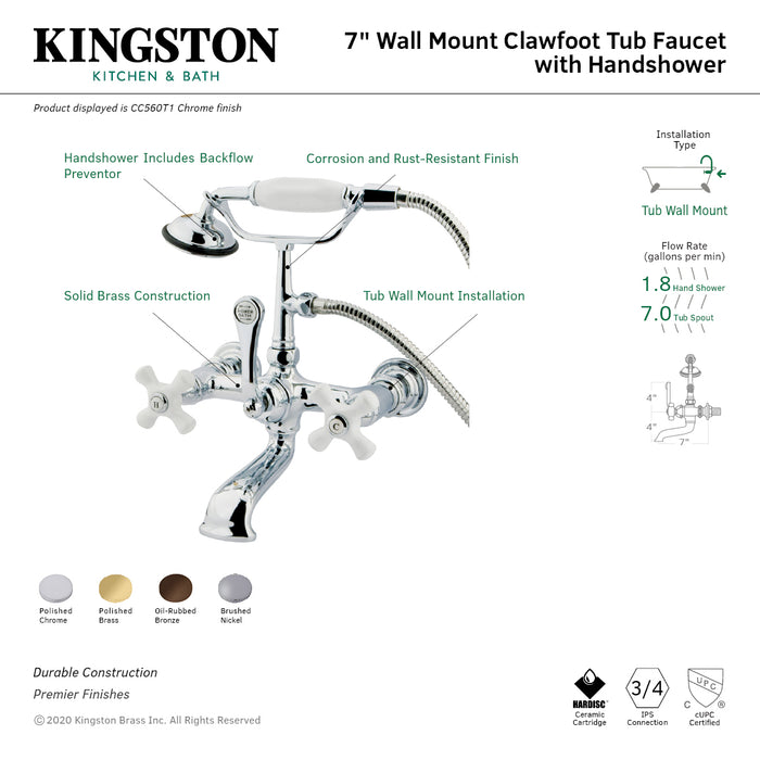 Vintage CC559T5 Three-Handle 2-Hole Tub Wall Mount Clawfoot Tub Faucet with Hand Shower, Oil Rubbed Bronze