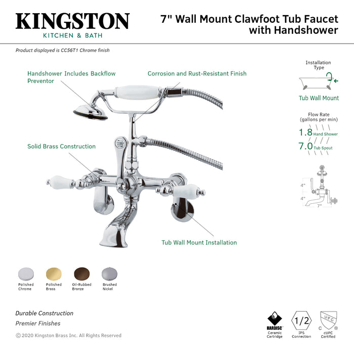 Vintage CC55T2 Three-Handle 2-Hole Tub Wall Mount Clawfoot Tub Faucet with Hand Shower, Polished Brass