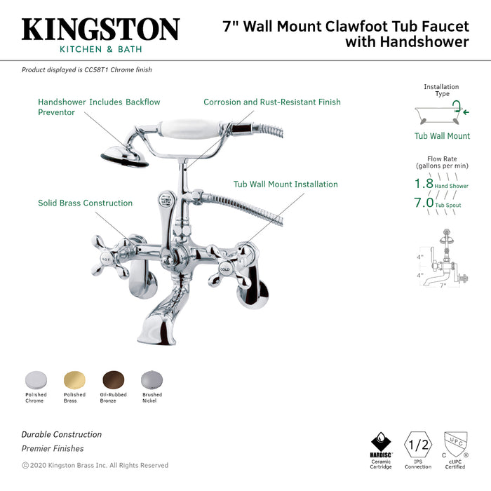 Vintage CC57T5 Three-Handle 2-Hole Tub Wall Mount Clawfoot Tub Faucet with Hand Shower, Oil Rubbed Bronze