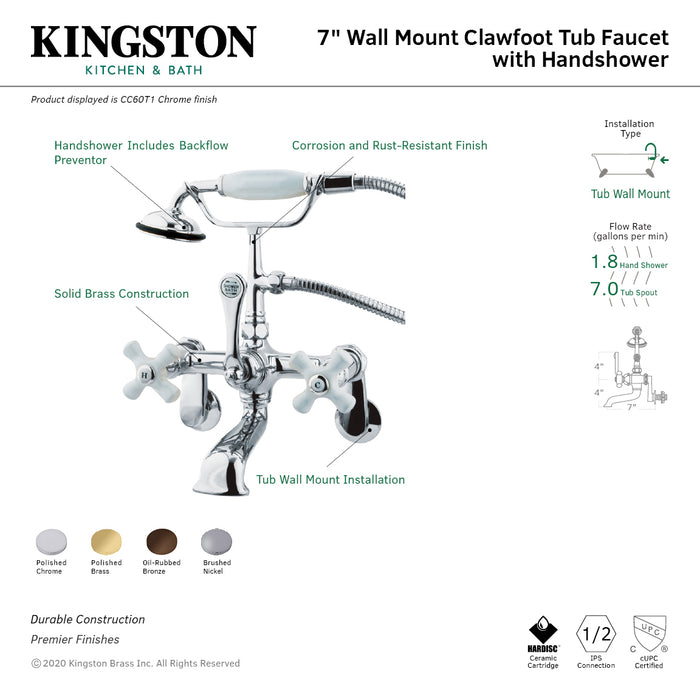 Vintage CC59T5 Three-Handle 2-Hole Tub Wall Mount Clawfoot Tub Faucet with Hand Shower, Oil Rubbed Bronze