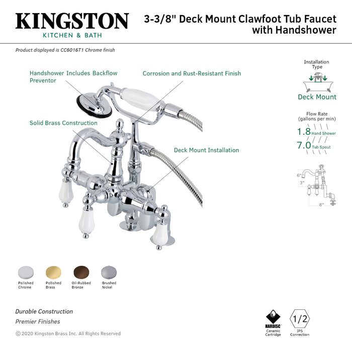 Kingston Heirloom CC6015T2 - Vintage Three-Handle 2-Hole Deck-Mount Clawfoot Tub Faucet with Hand Shower, Polished Brass