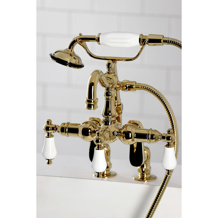 Kingston Heirloom CC6015T2 - Vintage Three-Handle 2-Hole Deck-Mount Clawfoot Tub Faucet with Hand Shower, Polished Brass