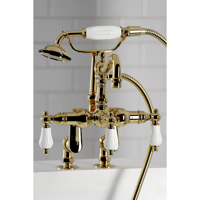 Kingston Heirloom CC6015T2 - Vintage Three-Handle 2-Hole Deck-Mount Clawfoot Tub Faucet with Hand Shower, Polished Brass