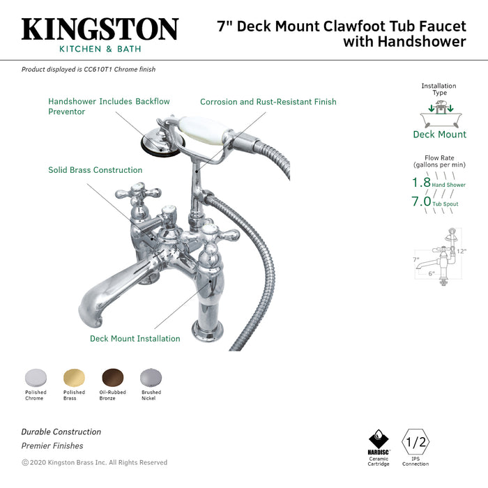 Kingston Heirloom CC610T1 - Vintage Two-Handle 2-Hole Deck-Mount Clawfoot Tub Faucet with Hand Shower, Polished Chrome