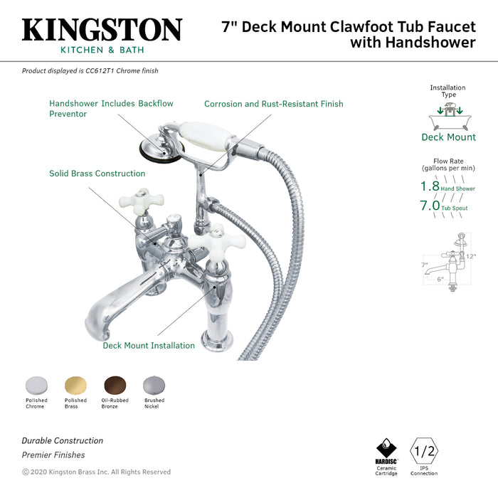 Vintage CC611T8 Three-Handle 2-Hole Deck Mount Clawfoot Tub Faucet with Hand Shower, Brushed Nickel