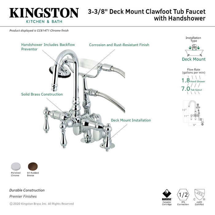 Vintage CC614T1 Three-Handle 2-Hole Deck Mount Clawfoot Tub Faucet with Hand Shower, Polished Chrome