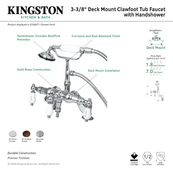 Kingston Heirloom CC623T5 - Vintage Three-Handle 2-Hole Deck-Mount Clawfoot Tub Faucet with Hand Shower, Oil Rubbed Bronze