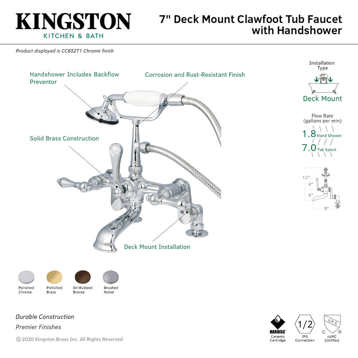 Vintage CC651T5 Three-Handle 2-Hole Deck Mount Clawfoot Tub Faucet with Hand Shower, Oil Rubbed Bronze