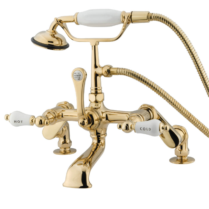 Kingston Heirloom CC653T2 - Vintage Three-Handle 2-Hole Deck-Mount Clawfoot Tub Faucet with Hand Shower, Polished Brass