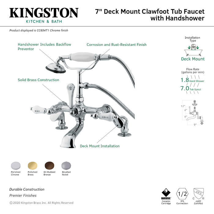 Kingston Heirloom CC653T8 - Vintage Three-Handle 2-Hole Deck-Mount Clawfoot Tub Faucet with Hand Shower, Brushed Nickel
