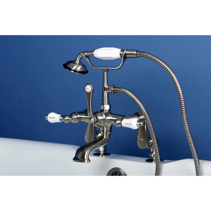 Kingston Heirloom CC653T8 - Vintage Three-Handle 2-Hole Deck-Mount Clawfoot Tub Faucet with Hand Shower, Brushed Nickel