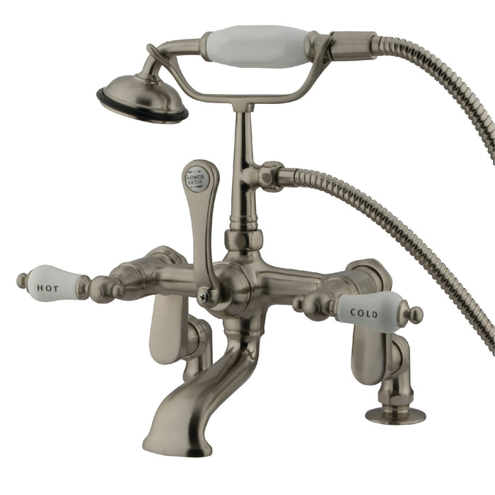Kingston Heirloom CC653T8 - Vintage Three-Handle 2-Hole Deck-Mount Clawfoot Tub Faucet with Hand Shower, Brushed Nickel