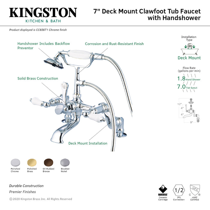Vintage CC655T5 Three-Handle 2-Hole Deck Mount Clawfoot Tub Faucet with Hand Shower, Oil Rubbed Bronze