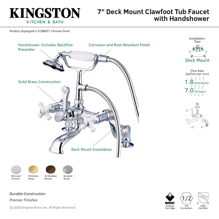 Kingston Heirloom CC659T5 - Vintage Three-Handle 2-Hole Deck-Mount Clawfoot Tub Faucet with Hand Shower, Oil Rubbed Bronze