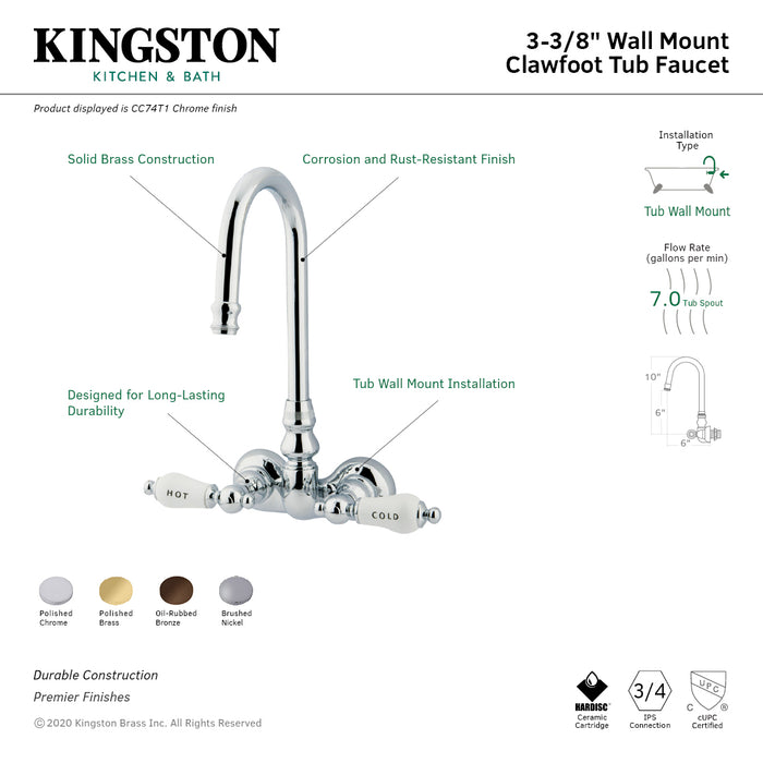 Kingston Heirloom CC73T2 - Vintage Two-Handle 2-Hole Tub Wall Mount Clawfoot Tub Faucet, Polished Brass