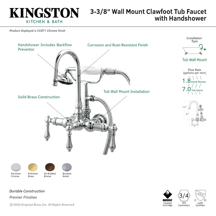 Vintage CC7T2 Three-Handle 2-Hole Tub Wall Mount Clawfoot Tub Faucet with Hand Shower, Polished Brass