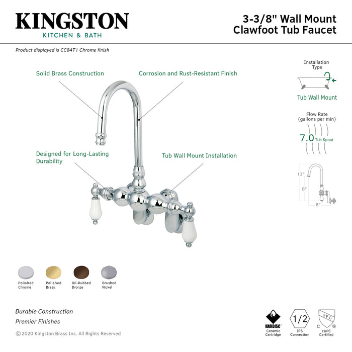 Kingston Heirloom CC83T2 - Vintage Two-Handle 2-Hole Tub Wall Mount Clawfoot Tub Faucet, Polished Brass