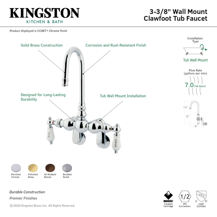 Kingston Heirloom CC85T8 - Vintage Two-Handle 2-Hole Tub Wall Mount Clawfoot Tub Faucet, Brushed Nickel
