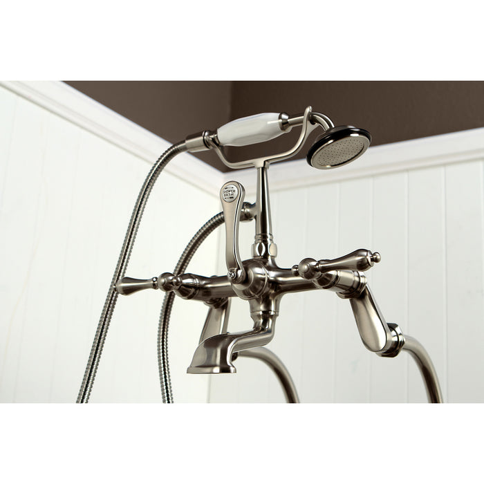 Kingston Heirloom CCK103T8 - Vintage Three-Handle 2-Hole Freestanding Clawfoot Tub Faucet Package with Supply Line and Hand Shower, Brushed Nickel