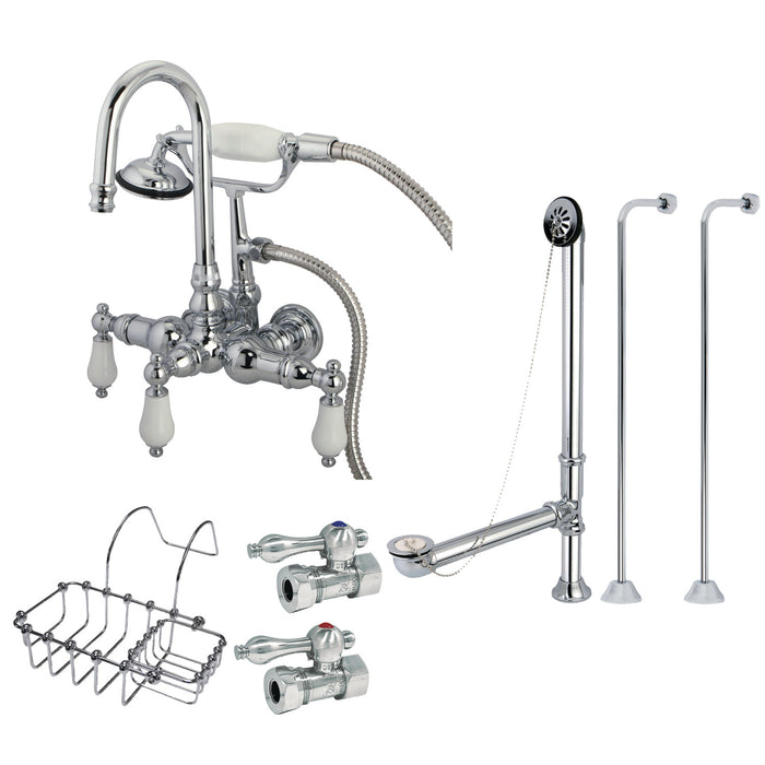 Kingston Heirloom CCK12T1SS-SB - Vintage Five-Handle 2-Hole Tub Wall Mount Clawfoot Tub Faucet Package with Supply Line, Hand Shower and Tub Drain, Polished Chrome