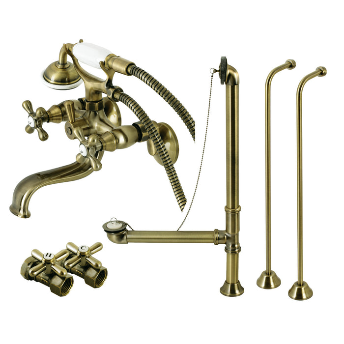 Vintage CCK225AB Three-Handle 2-Hole Tub Wall Mount Clawfoot Tub Faucet Package with Supply Line and Tub Drain, Antique Brass