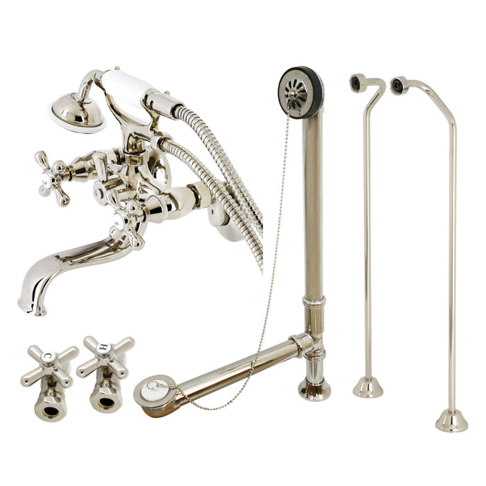 Vintage CCK225PND Three-Handle 2-Hole Tub Wall Mount Clawfoot Tub Faucet Package with Supply Line and Tub Drain, Polished Nickel