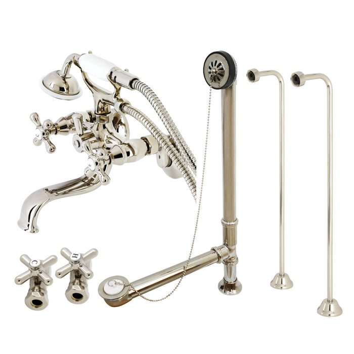 Vintage CCK225PN Three-Handle 2-Hole Tub Wall Mount Clawfoot Tub Faucet Package with Supply Line and Tub Drain, Polished Nickel