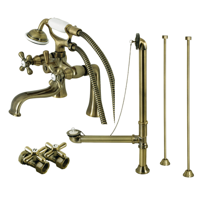 Vintage CCK228AB Three-Handle 2-Hole Deck Mount Clawfoot Tub Faucet Package with Supply Line and Tub Drain, Antique Brass
