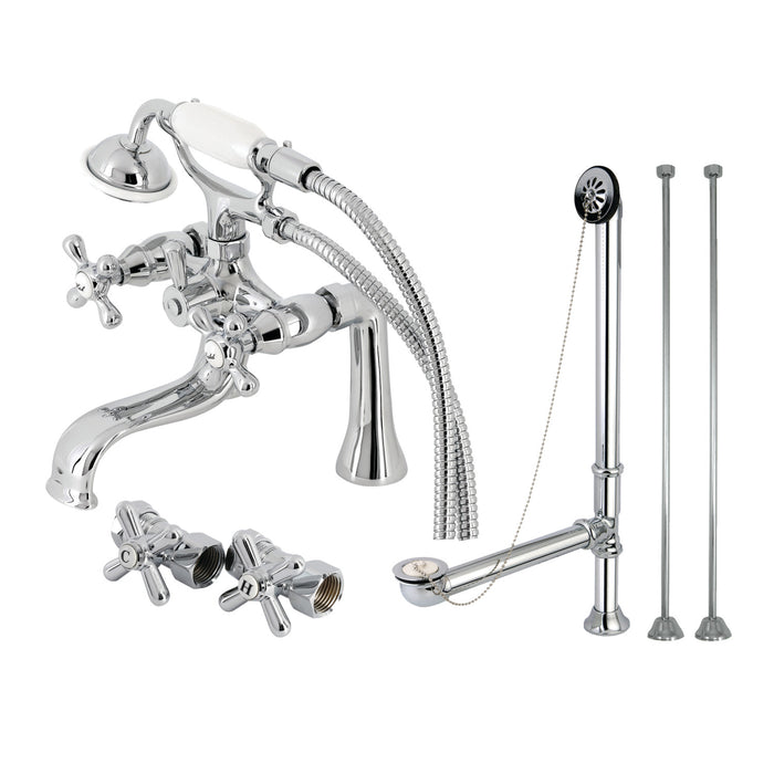 Kingston Heirloom CCK228C - Vintage Three-Handle 2-Hole Deck Mount Clawfoot Tub Faucet Package with Supply Line, Hand Shower and Tub Drain, Polished Chrome