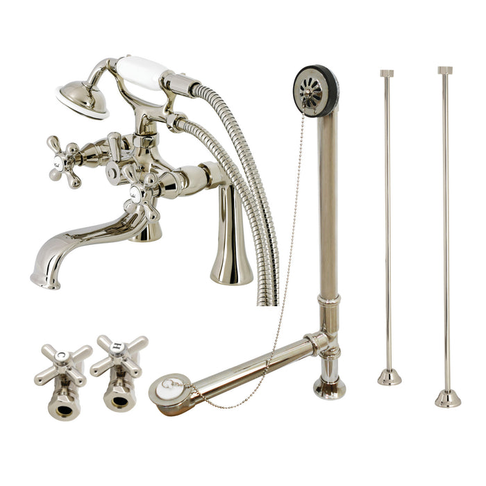Vintage CCK228PN Three-Handle 2-Hole Deck Mount Clawfoot Tub Faucet Package with Supply Line and Tub Drain, Polished Nickel