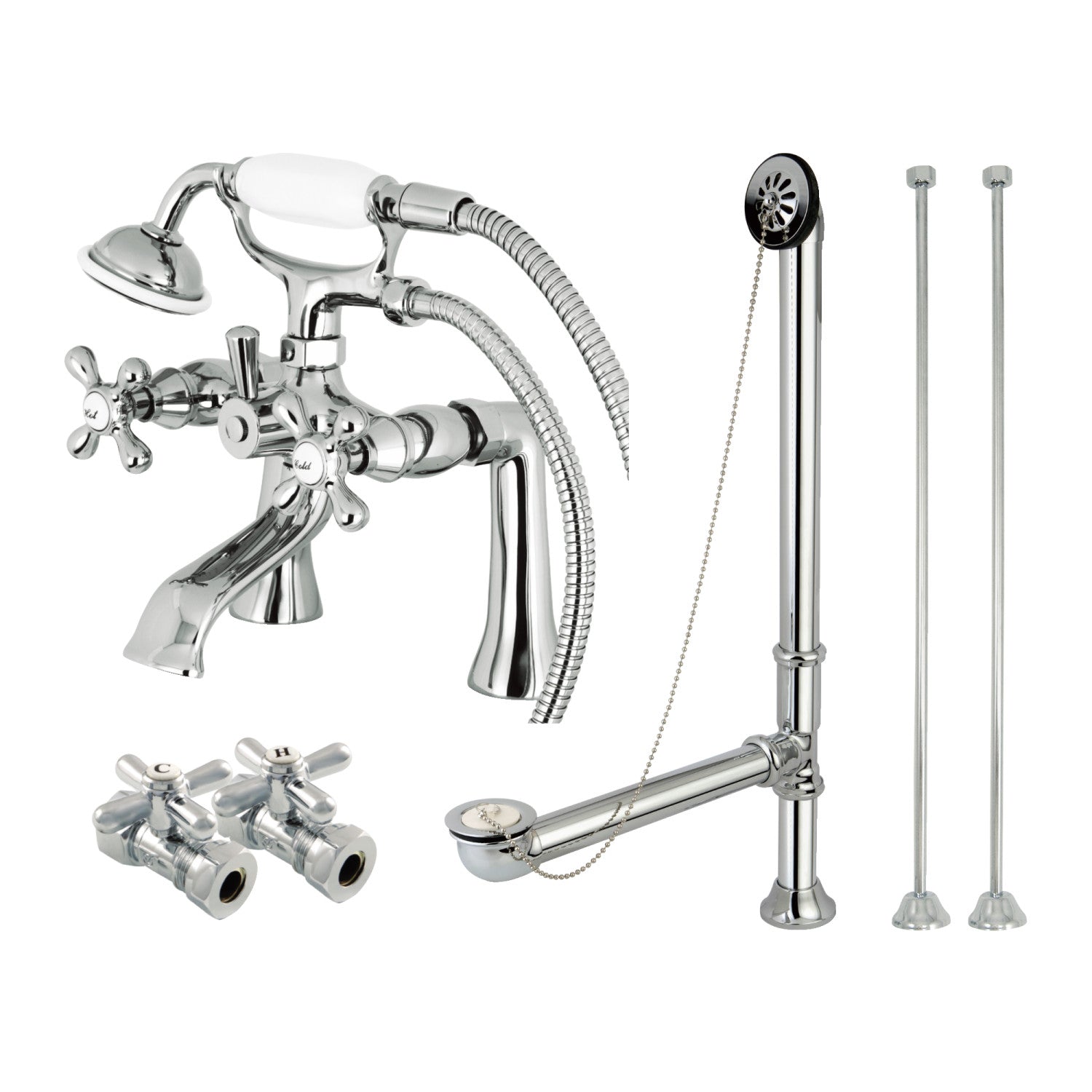 Kingston Brass CCK3188AL Vintage Satin Nickel Wall Mount Down Spout Clawfoot Tub & Shower Package with Metal Lever Handles