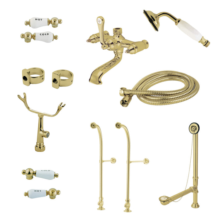 Kingston Heirloom CCK5172CPL - Vintage Three-Handle 2-Hole Freestanding Clawfoot Tub Faucet Package with Supply Line, Hand Shower and Tub Drain, Polished Brass