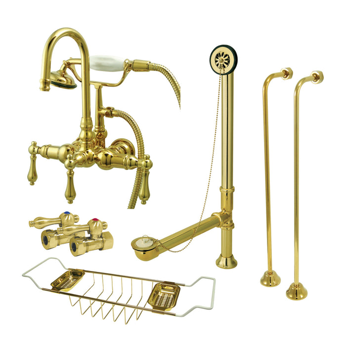 Kingston Heirloom CCK7T2SS-TC - Vintage Two-Handle 2-Hole Tub Wall Mount Clawfoot Tub Faucet Package with Supply Line, Hand Shower and Tub Drain, Polished Brass