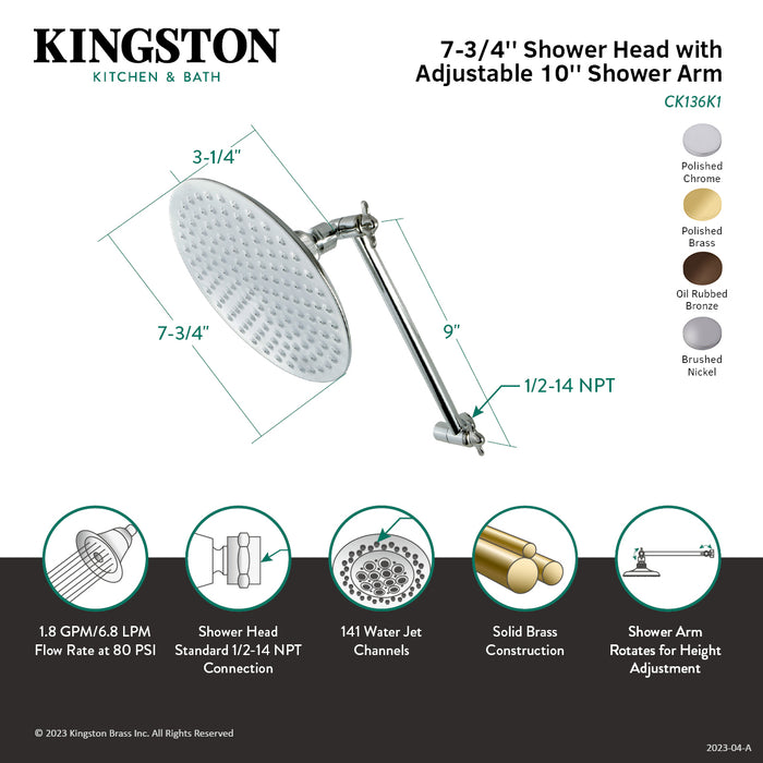 Kingston Heirloom CK136K2 - Victorian 7-3/4-Inch Round Raindrop Brass Shower Head with 10-Inch High-Low Adjustable Shower Arm, Polished Brass