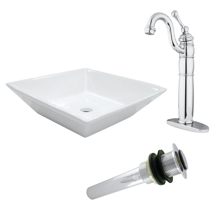 Perfection EV4256B1421 Ceramic Square Vessel Sink with Faucet and Drain, White/Polished Chrome