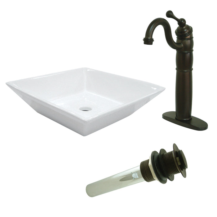 Perfection EV4256B1425 Ceramic Square Vessel Sink with Faucet and Drain, White/Oil Rubbed Bronze