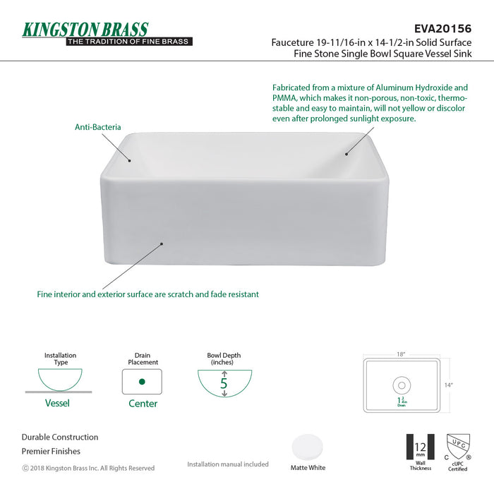 Arcticstone EVA20156 Solid Surface Rectangular Vessel Sink, Matte White