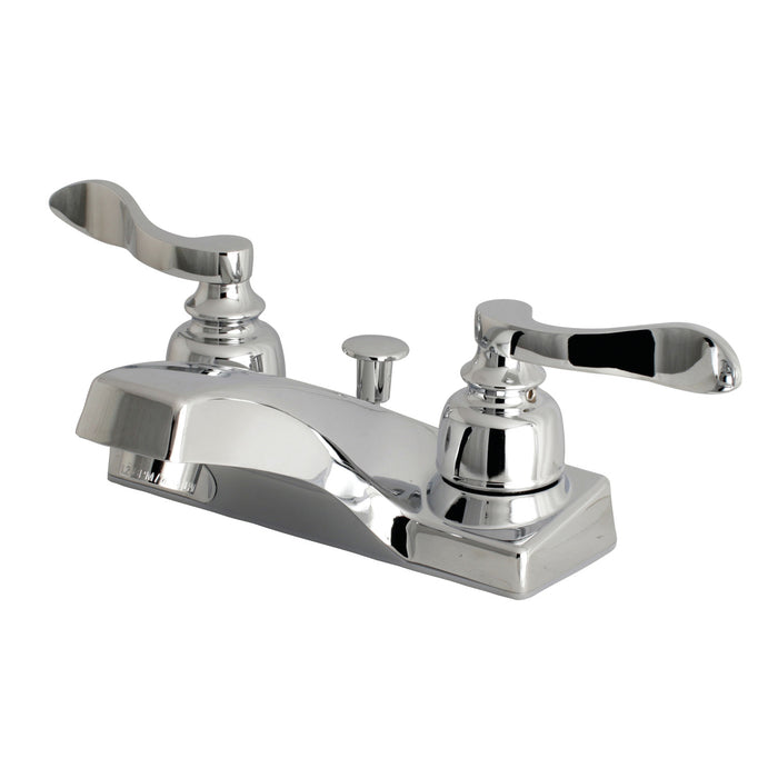 NuWave French FB201NFL Two-Handle 3-Hole Deck Mount 4" Centerset Bathroom Faucet with Plastic Pop-Up, Polished Chrome