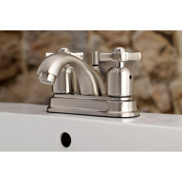 Millennium FB2608ZX Two-Handle 3-Hole Deck Mount 4" Centerset Bathroom Faucet with Plastic Pop-Up, Brushed Nickel