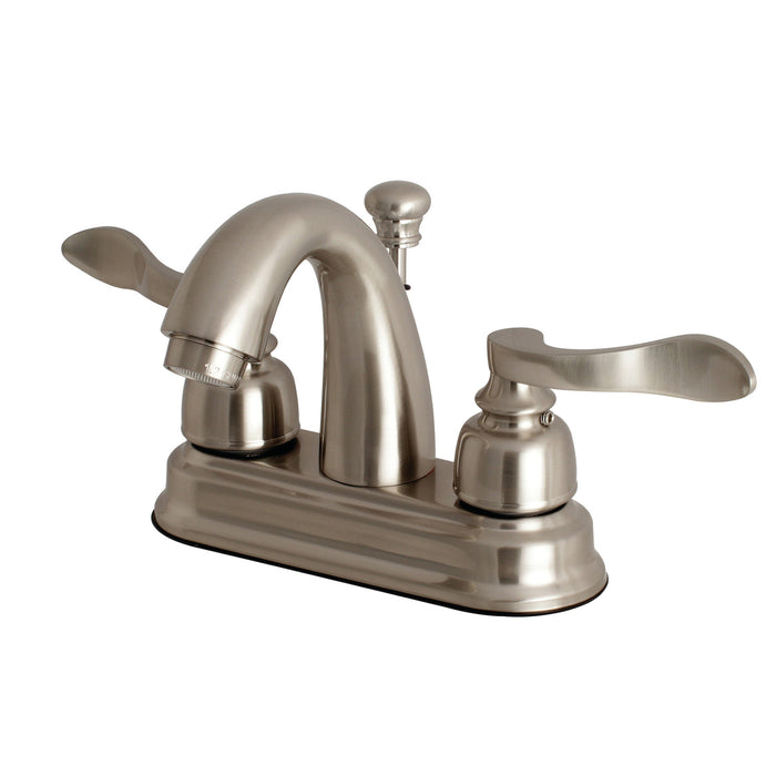 NuWave French FB5618NFL Two-Handle 3-Hole Deck Mount 4" Centerset Bathroom Faucet with Plastic Pop-Up, Brushed Nickel