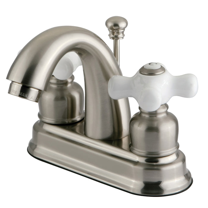 Restoration FB5618PX Two-Handle 3-Hole Deck Mount 4" Centerset Bathroom Faucet with Plastic Pop-Up, Brushed Nickel