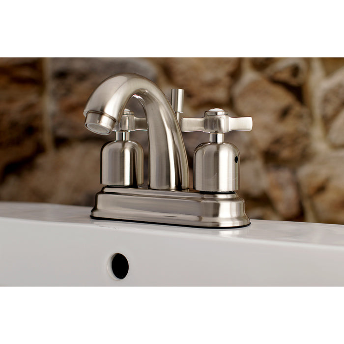Millennium FB5618ZX Two-Handle 3-Hole Deck Mount 4" Centerset Bathroom Faucet with Plastic Pop-Up, Brushed Nickel