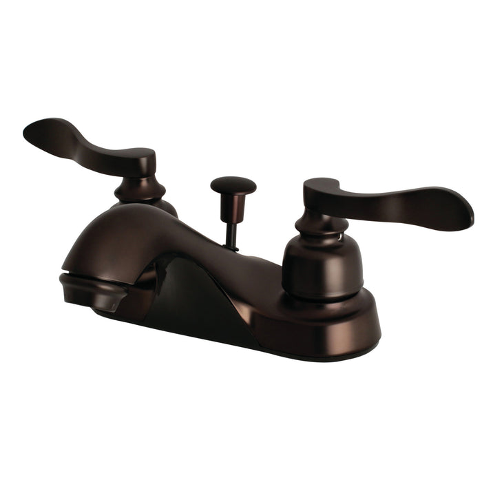 NuWave French FB5625NFL Two-Handle 3-Hole Deck Mount 4" Centerset Bathroom Faucet with Plastic Pop-Up, Oil Rubbed Bronze