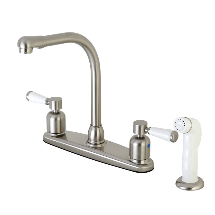 Paris FB718DPL Two-Handle 4-Hole Deck Mount 8" Centerset Kitchen Faucet with Side Sprayer, Brushed Nickel